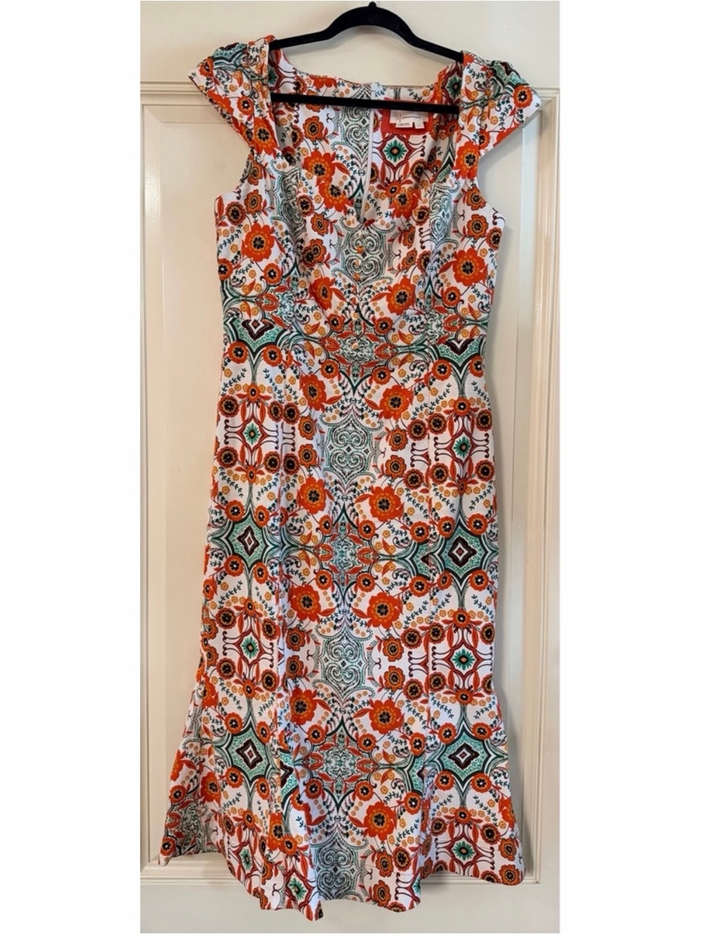 Anthropologie Orange, Teal & White Floral Cap-Sleeve Midi Dress